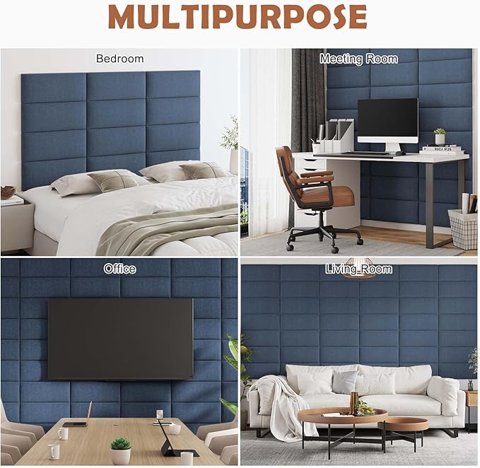 IFNOW Upholstered Wall Mounted Headboard, 3D Soundproof Wall Panels Peel and Stick, Reusable and Removable Tufted Bed Headboard in Blue (12 Panels, 10" x 24")
