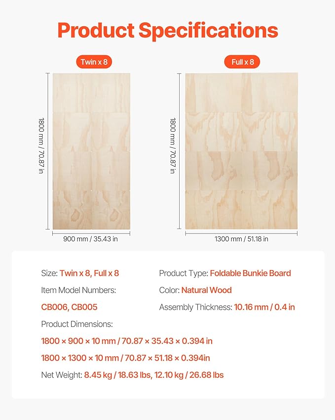 VEVOR Bunkie Board Twin Size, 35" x 71" Foldable Box Spring, 0.4" Thicker Wooden Bed Boards for Under Mattress, Bed Slats with No Assembly Required, Easy-to-use Bed Support Board