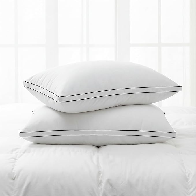 Feather Pillows King Size Set of 2 Goose Down Pillows with 100% Breathable Cotton Cover, Hotel Collection Bed Pillows for Sleeping, Soft Support for Back, Stomach and Side Sleepers