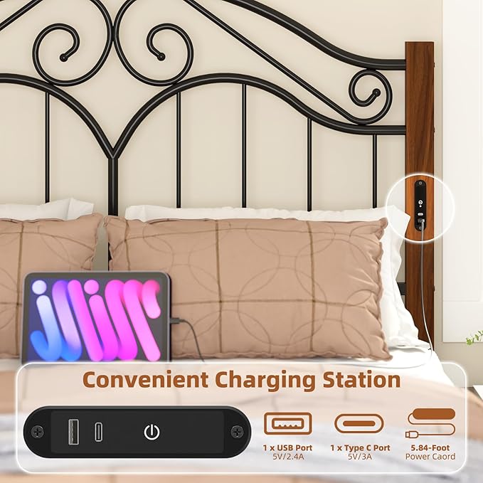 Elephance Headboard for Full Size Bed Frame with Charging Station,USB and Type C Ports, Adjustable Height,Vintage Platform Bed Full Headboard Only, Iron Legs,Easy Assembly,Black