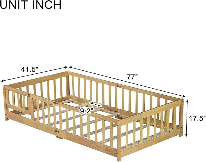 Bellemave Twin Floor Bed with Slats and Door, Twin Size Montessori Floor Bed with Fence and Door, Easy Assemble Montessori Beds Frame for Girls, Boys, Natural