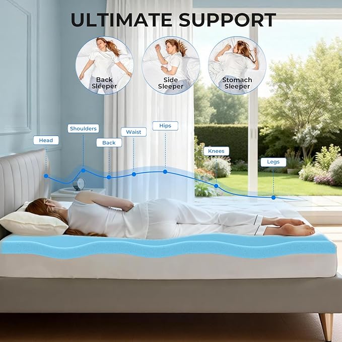 OhGeni 2 Inch Twin XL Memory Foam Mattress Topper Pad with Cover, Soft Bed Cover with Anti-Slip Base, Enhanced with Cooling Gel，Removable & Washable，College Dorm Room Essential