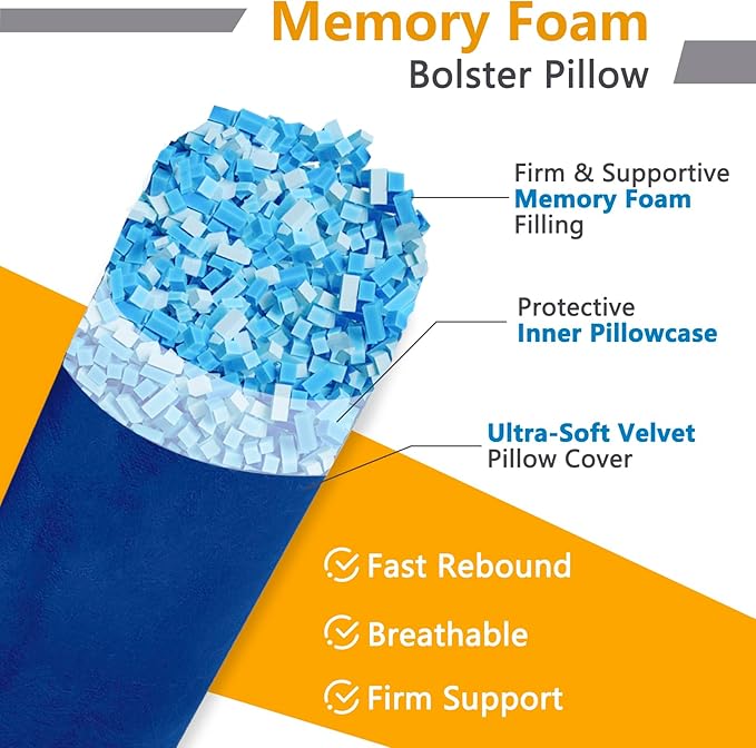 1 MIDDLE ONE Body Pillow, Memory Foam Round Body Pillows for Adults, Firm Long Bolster Pillow for Bed, Cylinder Tube Roll Pillow with Velvet Cover, 47x7.87 Inches, Navy Blue