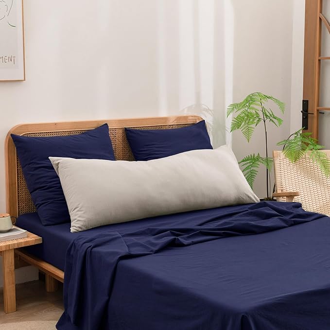 BESTOUCH 100% Washed Cotton Pillowcase for Hair and Skin Linen Feel Soft Comfortable Breathable 2 Set Pillow Case with Envelope Closure Solid Navy Blue Euro 26x26 Inches