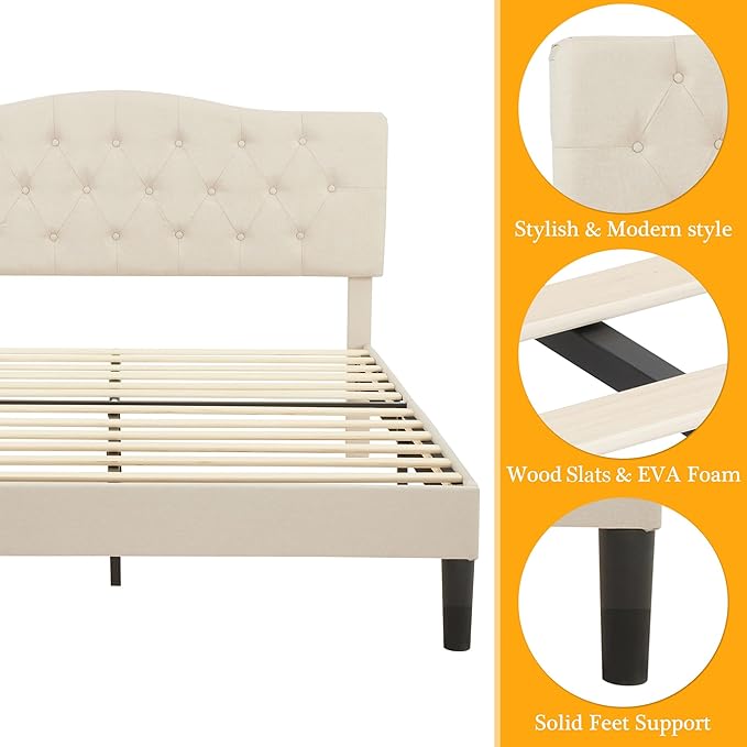 VECELO Queen Size Bed Frame Upholstered Platform with Tufted Adjustable Headboard/Mattress Foundation with Wood Slat Support, Easy Assembly,Beige