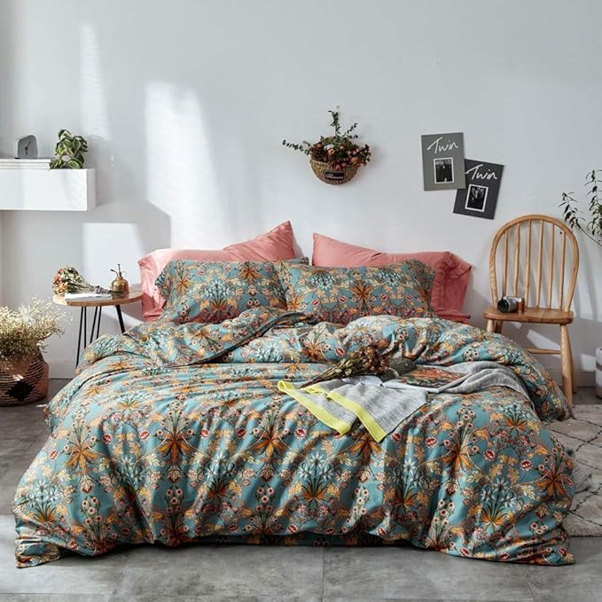 VM VOUGEMARKET Gold Green Flower Duvet Cover Full,Medallion Print Bedding Set Percale Cotton Vibrant Bohemian Pattern Quit Cover with Zipper Closure