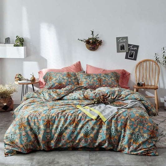 VM VOUGEMARKET Gold Green Flower Duvet Cover Full,Medallion Print Bedding Set Percale Cotton Vibrant Bohemian Pattern Quit Cover with Zipper Closure
