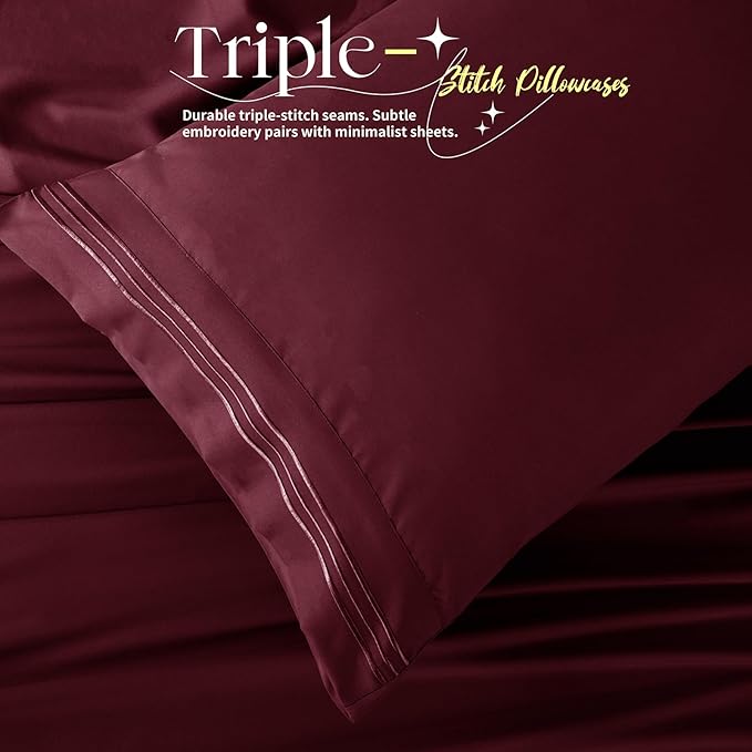 Manyshofu 4 Piece Split Head King Sheets Sets for Adjustable Bed Sheet, Flex Head Split Top King Sheets Burgundy Sheet Set - 1800 Thread Count Bedding Set with 14-16 Inch Deep Pockets