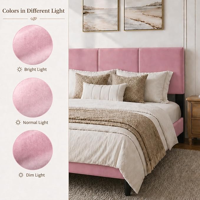 Queen Size Bed Frame with Headboard, Velvet Upholstered Platform Bed Frame, Sturdy Slatted Support for Springless Mattresses, Silent Operation, Easy to Assemble, Pink