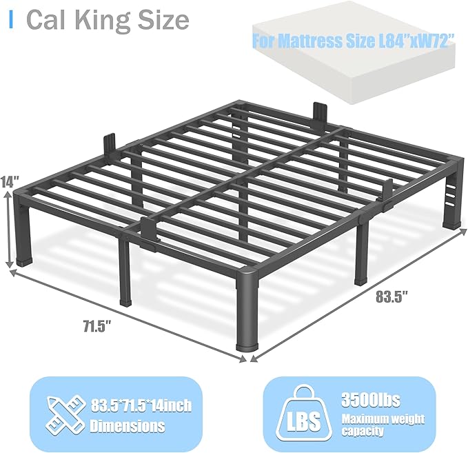 14 inch California King Bed Frame with Round Corner Legs and Headboard Hole Mattress Slide Stopper 3500 lbs Heavy Duty Metal Platform,Steel Slat Support,No Box Spring Needed,Easy Assembly,Noise Free