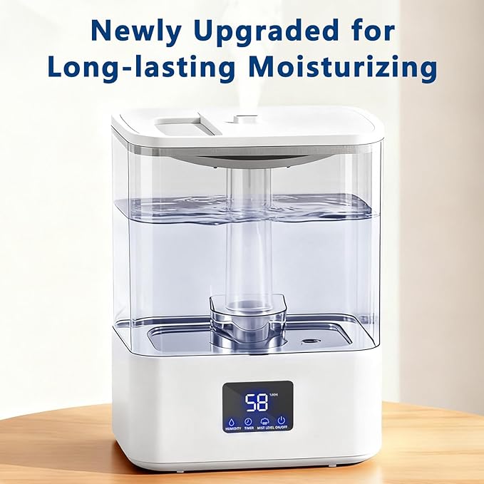 KZF 4L Top Fill Cool Mist Humidifier for Bedroom with 15H Runtime, 3 Mist Levels, 8H Timer, Essential Oil Tray, Humidity Display, Quiet Operation for Baby, Plants, Large Room