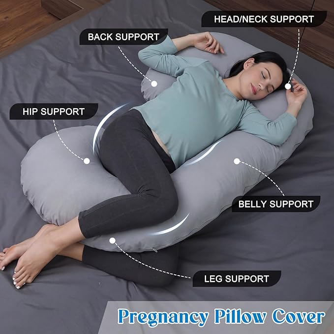 Hahafelt Cooling Pregnancy Pillow Cover (Only Pillowcase) 59 Inch Large C Shaped Full Body Pillowcase Maternity Stretchy Soft Breathable Cool Pillow Cover with Zipper for Side Sleeper (Gray)