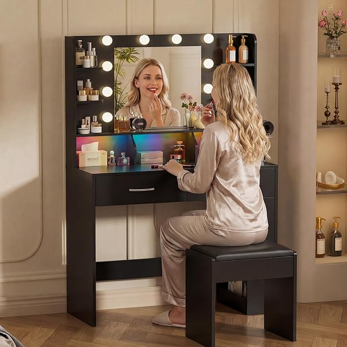 LUCKRACER Vanity Desk with LED Lights Mirror & Charging Station, Black Makeup Vanity with Storage Drawers and Shelves, Modern Dressing Table for Women Girls Bedroom, Black
