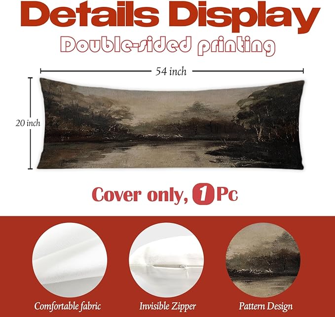 Vintage Moody River Landscape 20x54 Body Pillow Cover, Rustic Farmhouse Country Lake Scenery Decorative Long Body Pillow Cases for Bed Couch