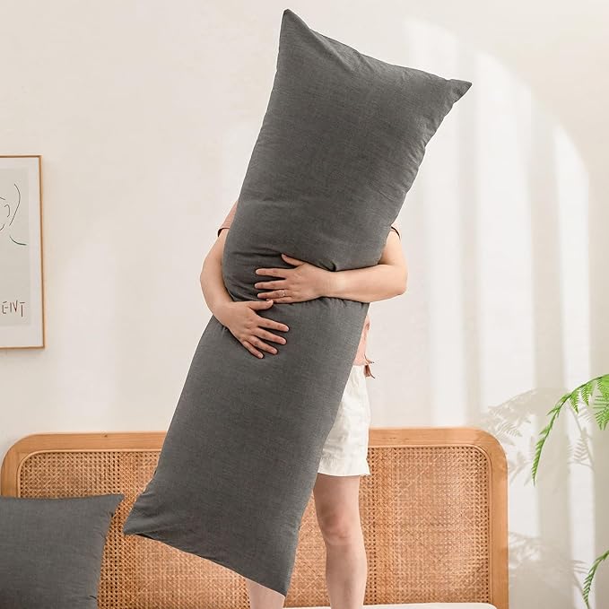 BESTOUCH 100% Washed Cotton Pillowcase for Hair and Skin Linen Feel Soft Comfortable Breathable 1 Pcs Pillow Case with Envelope Closure Solid Dark Grey Body 20x54 Inches