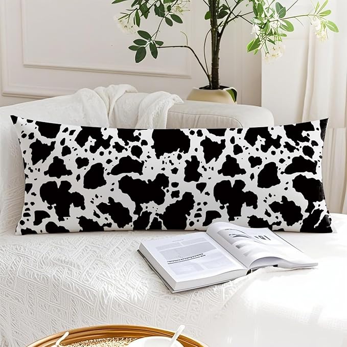 Cow Print 20x54 Body Pillow Cover, Rustic Farmhouse Decor, Black and White Cow Cowhide Skin Print Decorative Long Body Pillow Cases for Bed Couch
