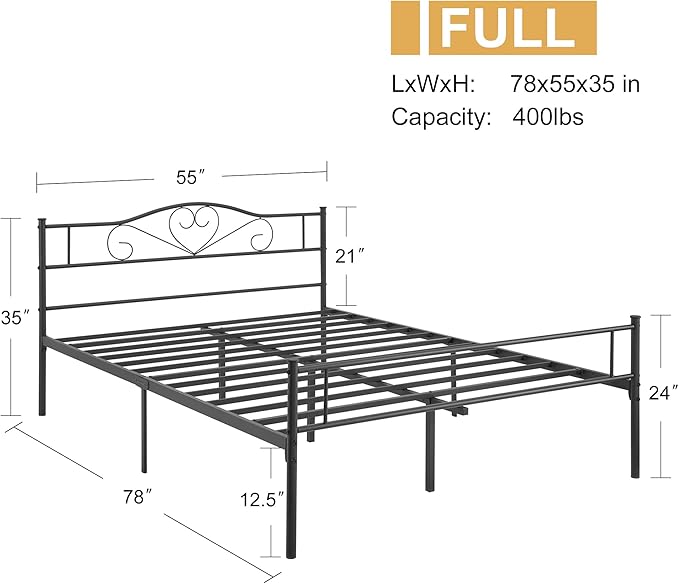 VECELO Metal Platform Bed Frame with Headboard & Footboard, Steel Slats Mattress Foundation, No Box Spring Needed, Full Size, 78" L x 55" W x 35" H, Matte Black