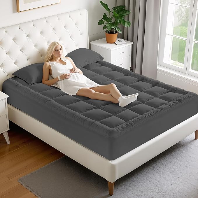 MATBEBY Twin XL Mattress Pad - Cooling Breathable Mattress Topper, Quilted Fitted Mattress Protector, Pillow Top Mattress Cover with 8-21" Deep Pocket, Machine Washable, Dark Grey, Twin Extra Long