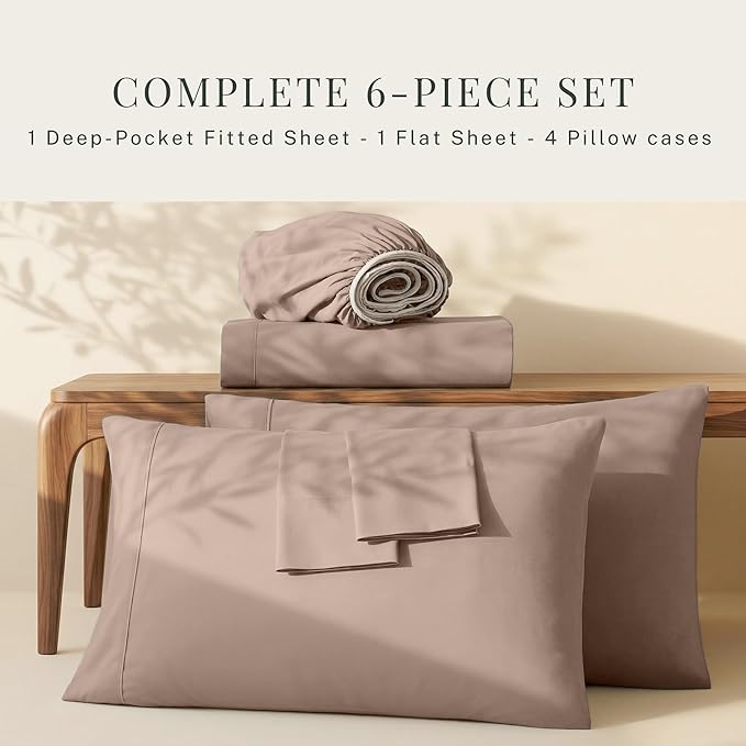 Hearth & Harbor Extra Deep Pocket King Size Sets - Fits Mattress 18-24 Inches Deep - Extra Deep Pocket Sheets - 6 Piece King Size - Taupe