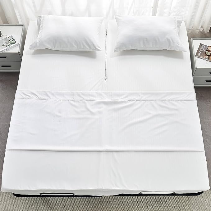 Kingnex Striped Split Top California King Sheets Sets for Adjustable Bed 4 Pieces Include 1 Flex Head Fitted Cal King Sheet 1 Flat Sheet 2 King Size Pillowcases White