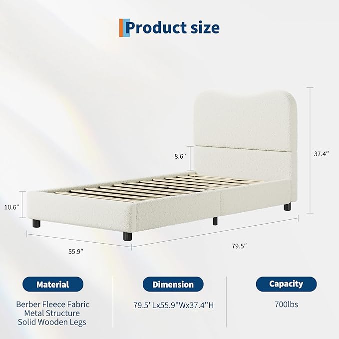 GarveeHome Boucle Full Size Bed Frame with Upholstered Headboard, Soft Low Profile Sturdy Platform Bed with Rounded Corners Design, Heavy Duty, Wooden Slats, Noise Free, No Box Spring Needed, Beige