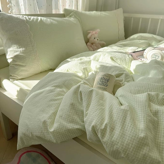 mixinni Green Gingham Duvet Cover Queen Size - 3 Piece Cottagecore Plaid Bedding Set with Lace Trim, Soft Washed Microfiber Vintage Aesthetic Grid Comforter Cover & Pillow Shams, (Green White Gingham)