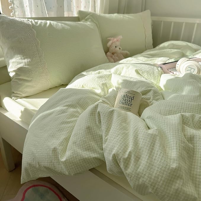 mixinni Green Gingham Duvet Cover Full Size - 3 Piece Cottagecore Plaid Bedding Set with Lace Trim, Soft Washed Microfiber Vintage Aesthetic Grid Comforter Cover & Pillow Shams, (Green White Gingham)