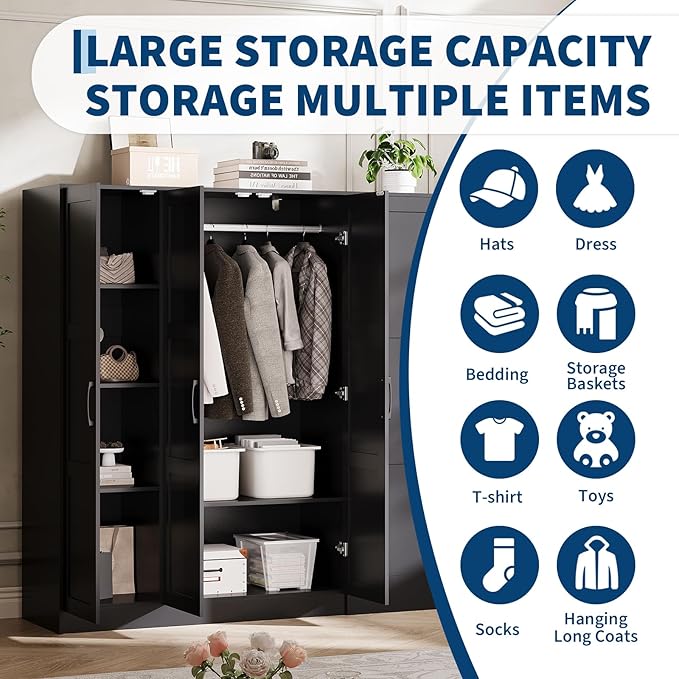 Garvee 3 Doors Wooden Wardrobe Closet, Morden Wardrobe Armoire with Doors and Shelves, Standing Closet Cabinet for Hanging Clothes, Large Capacity Storage Cabinet for Bedroom, Black