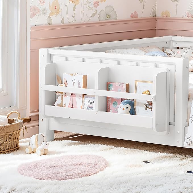 Bellemave Twin Size Kids Montessori Bed with Bookshelf,Solid Wood Twin Floor Bed Frame with Fence and Slats for Girls Boys,Low-Profile,White