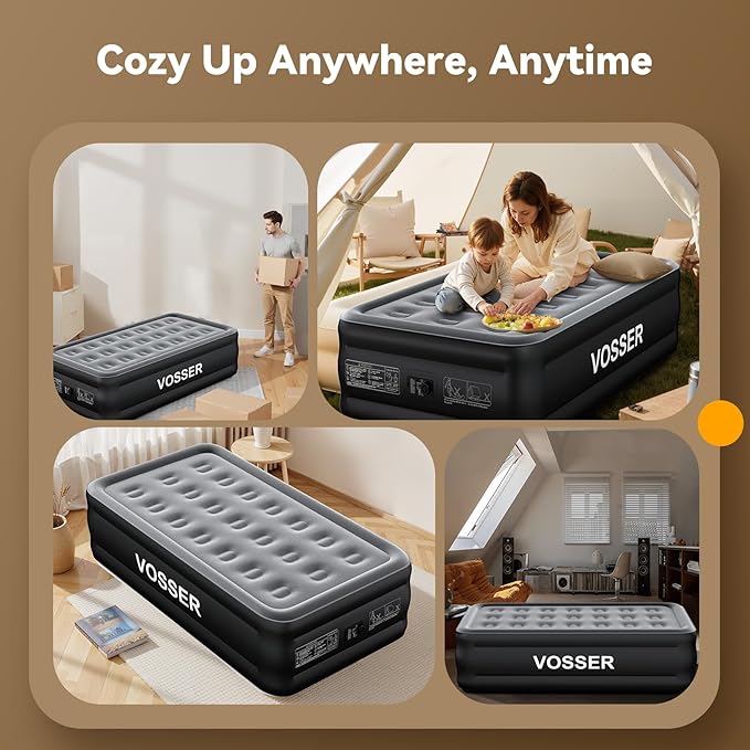 VOSSER Air Mattress Twin with Built in Pump,18” Raised Blow Up Mattress,Inflatable Mattress in 2 Mins,Single Twin Size Air Mattress for Home,Floor&Camping, Air Bed for Adults,330LB Max,Black