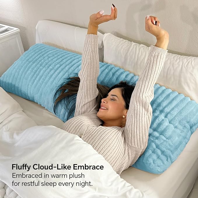 BEDELITE Fluffy Faux Fur Body Pillow Cover with Zipper, Luxury Plush 3D Striped Pillow Cover 20x54 Inches, Super Soft and Cozy Long Body Pillow Pillowcase for Bed Sofa Couch Room Decor(Light Blue)
