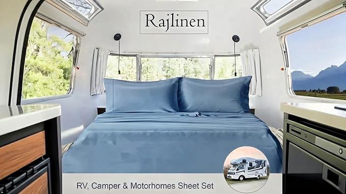 Rajlinen Short Queen RV Camper Sheet Set (60x75) – 100% Egyptian Cotton, Soft & Cooling, 16" Deep Pocket Fitted Sheet, Luxury Hotel Quality Bedding for RVs, Campers & Motorhomes (Cadet Blue)