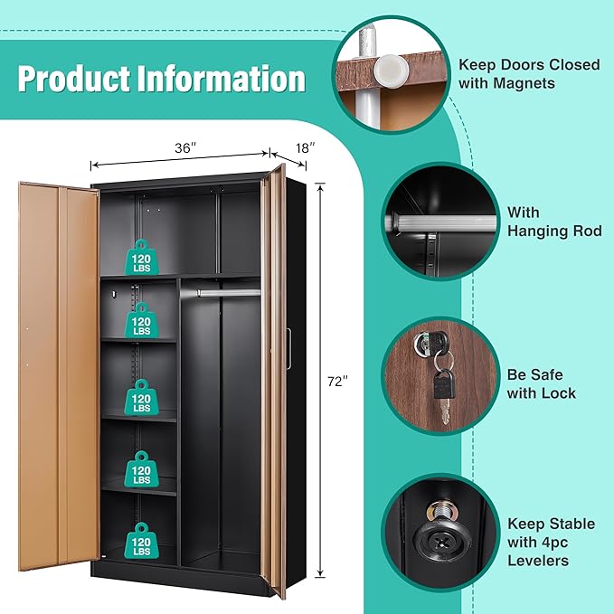 SISESOL Wide & Deep Metal Storage Cabinet with Hanging Rod,Broom Closet Storage Cabinet with Lock,72" Tall Wardrobe Cabinets with Doors and Shelves,Locking Steel Tool Cabinets for Home,Office,Garage