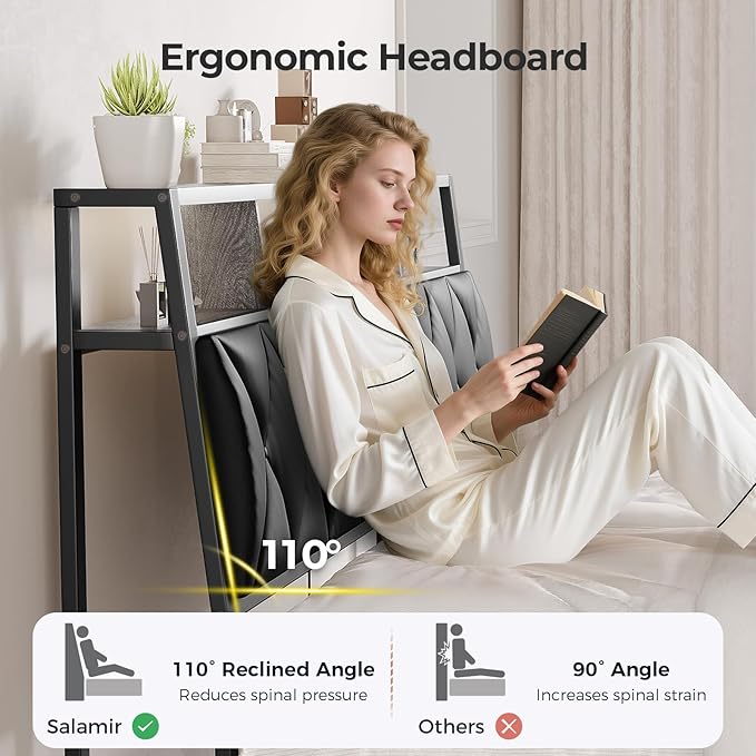 Full Headboard Only, Headboard for Full Size Bed with Storage, Upholstered Headboards with LED Lights & Charging Station, Attach Frame, Ideal for Bedroom/Dorm/Guest Room, Black, Faux Leather