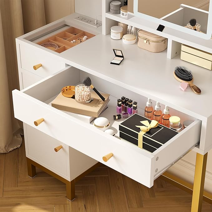 White Vanity Desk with LED Lighted Mirror & Power Outlet, 3 Lighting Modes, Brightness Adjustable Glass Top Makeup Table for Bedroom, White and Gold Dressing Table for Women – Beauty Station & Organiz