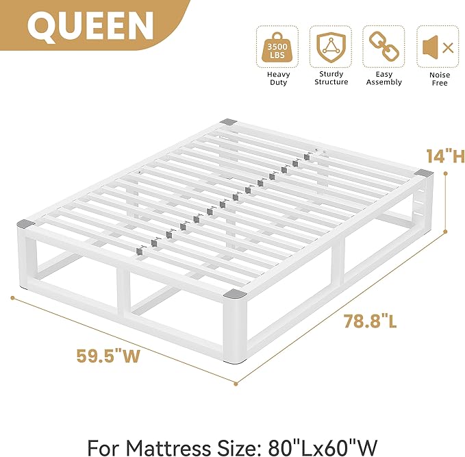 14 Inch Queen Bed Frame with Rounded Corner and Headboard Hole, Metal Platform Bed Frames 6 Non-Slip Guards, 3500lbs Heavy Duty Steel Slat Support, Squeak Free, No Box Spring Needed, White