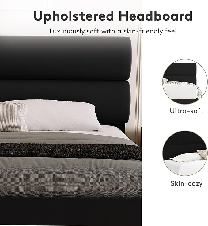 GRUSIGN King Size Platform Bed Frame with Velvet Headboard, Adjustable Height Wooden Slats Support, Upholstered Mattress Foundation, Fits Mattress or Mattress with Box Spring, Easy Assembly, Black