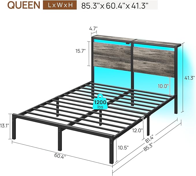 Rolanstar Queen Bed Frame with Charging Station, LED Bed Frame Queen with Wood Storage Headboard, Platform Bed with Metal Slats & Under Bed Storage, No Box Spring Needed, Noise Free, Deep Grey