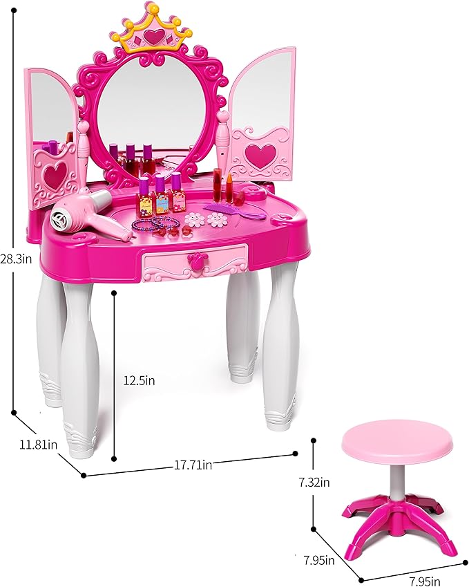 Eohemeral Toddler Makeup Table with Mirror and Chair, Kids Makeup Vanity Set with Accessories and Lights and Music Sound for Girls, Toddlers 3-5 Years Old