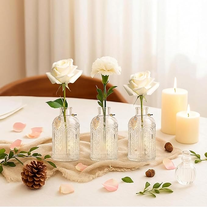 Glass Reed Diffusers Bottles for Home, Diffuser Bottles with 20PCS Reed Diffuser Sticks, Vintage Embossed Apothecary Style Flower Bud Vases with Cork Lids, Set of 3