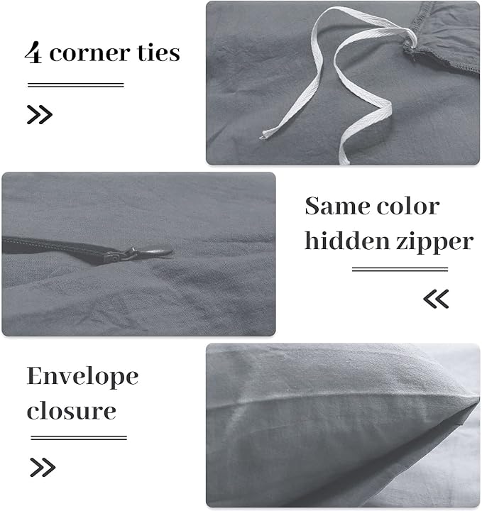 NEXHOME PRO Cotton Duvet Cover Queen Size Linen Look Textured Organic Natural 100% Washed Cotton Duvet Cover 3 Pieces Bedding Set with Zipper Closure, Breathable, Soft, Grey (No Comforter)