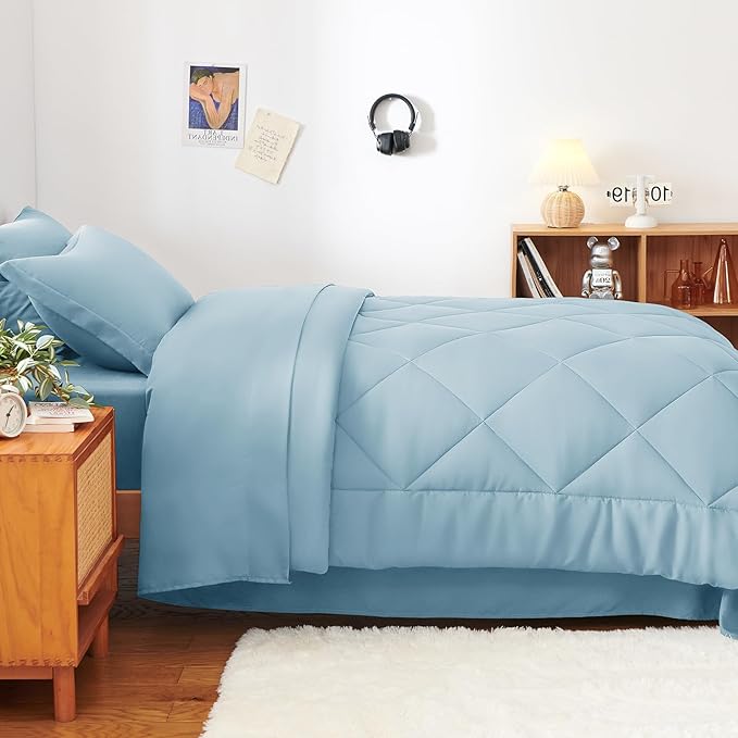 CozyLux Twin XL Comforter Set Light Blue - 5 Pieces Twin Extra Long Bed in a Bag for College Dorm, All Season Bedding Set for Girls and Boys, Soft Bed Set with Comforter, Sheets, Pillowcase & Sham