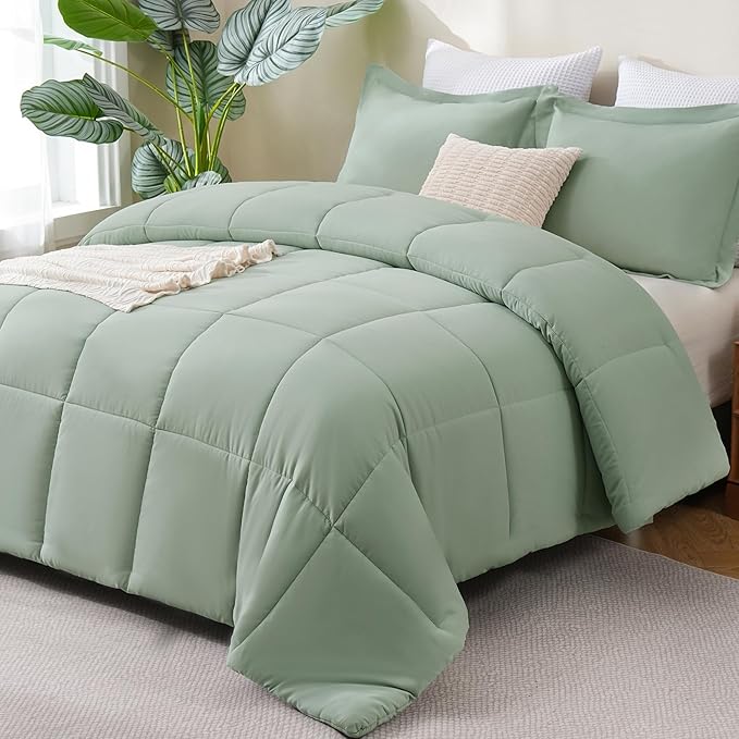CozyLux King Size Comforter Set - 270GSM Sage Green Bedding Sets for All Seasons Size, 3 Pieces Box Stitched Bed Set with 1 Down Alternative Comforter and 2 Pillow Shams, Soft, Lightweight, Durable