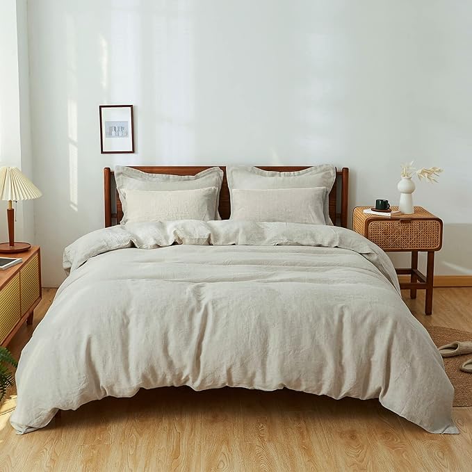 Simple&Opulence 100% Washed Linen Duvet Cover Set 5pcs(1 Duvet Cover& 2 Shams& 2 Pillowcases) Basic Style Natural French Flax Soft Breathable Farmhouse Bedding (Queen, Linen)