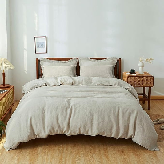 Simple&Opulence 100% Washed Linen Duvet Cover Set 5pcs(1 Duvet Cover& 2 Shams& 2 Pillowcases) Basic Style Natural French Flax Soft Breathable Farmhouse Bedding (Queen, Linen)