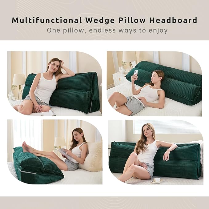 Zelladorra Wedge Pillow Headboard, Headboard Pillow King for Reading or Sitting, Bolster Pillow with Large Memory Foam, Removable Cover, Green