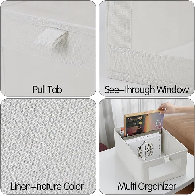 Fordonral 4 Pack Linen Storage Bins, Storage Containers for Organizing Clothing, Jeans, Toys, Books, Shelves, Closet, Wardrobe - Closet Organizers and Storage, Large Storage Boxes Baskets with Window