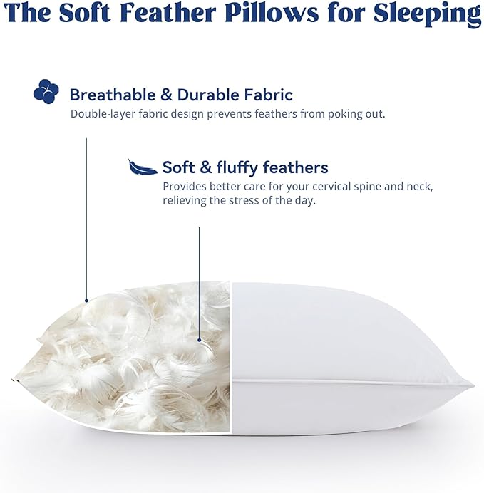 puredown® Goose Feather Down Pillows Standard Size Set of 2, Fluffy Luxury Hotel Collection Bed Pillow for Back, Stomach or Side Sleeper
