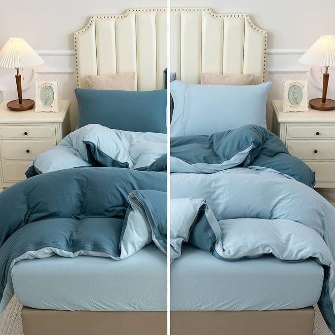 PURE ERA Jersey Knit Duvet Cover Set 100% T-Shirt Cotton Super Soft Comfy 3pc Bedding Set with Zipper Closure (Solid Cerulean Blue/Light Blue, King)