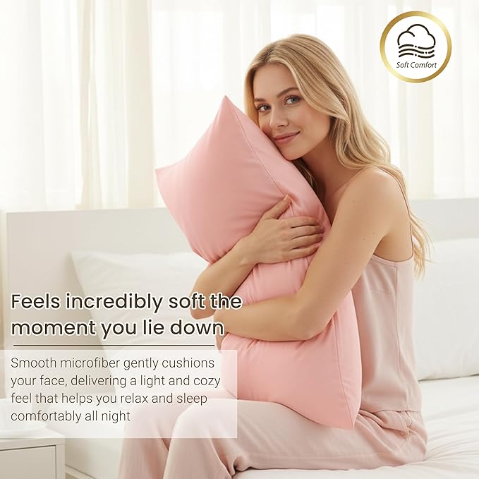 Brushed Microfiber Pillow Cases Standard Size Pillow Case-Envelope Closure Pillowcases Standard Set of 2,Cooling & Moisture Wicking,Wrinkle Resistant Bed Pillowcases 20" X 26"(Standard,Peach Pink)